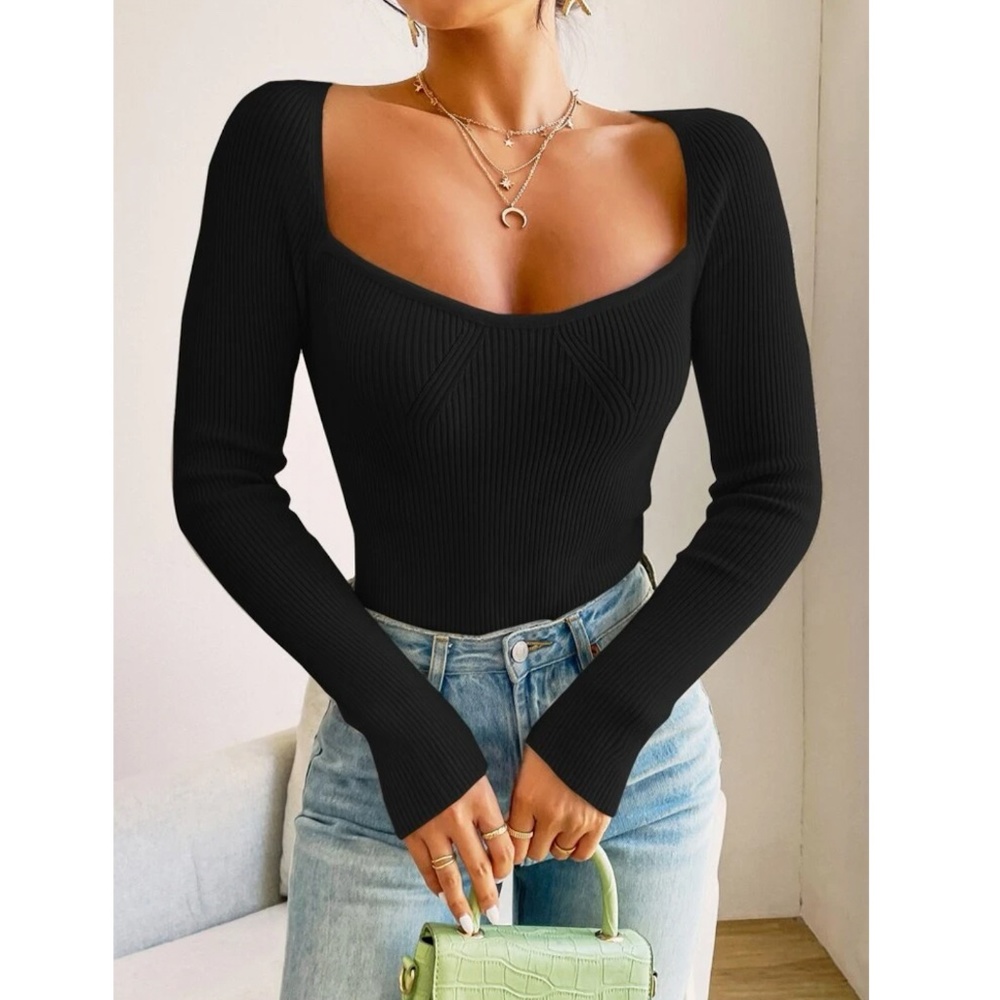 Black Rib Knit Long Sleeve Top - Picture 3 of 10